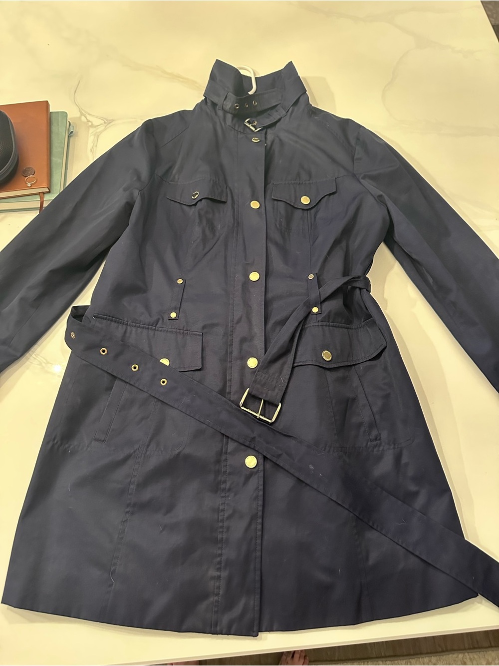 Michael Kors Navy Belted Trench Coat with Gold Hardware